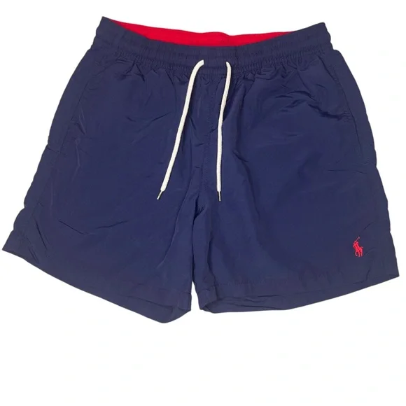 Polo Ralph Lauren Mens Med Swim Trunks Solid Swimsuit Navy Blue Red Pony Preppy - Picture 1 of 12